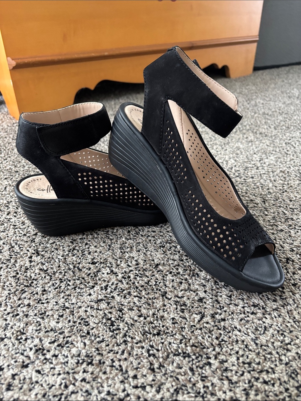 Clarks Black Perforated Suede Wedge Sandals